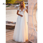 Vestidos de novia NumberSea con escote en V, manga corta, apliques de encaje y espalda abierta