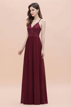 V-Ausschnitt Ärmelloses A-Linien-Abendkleid Pailletten Brautjungfernkleid