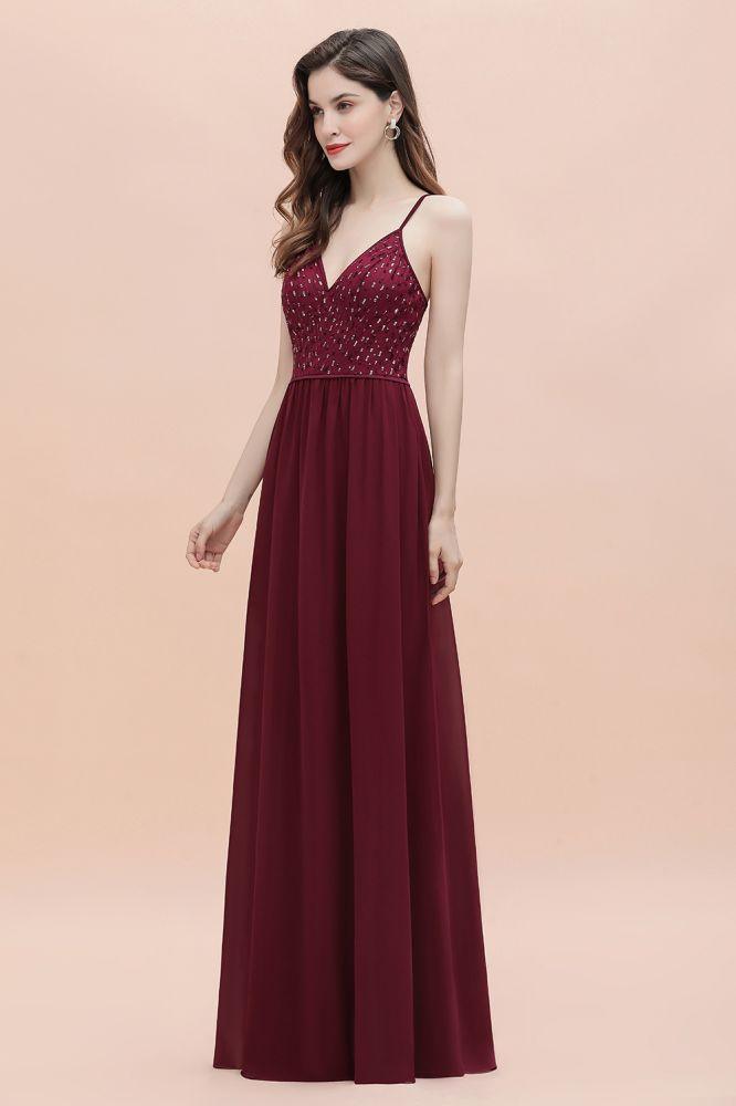 V-Ausschnitt Ärmelloses A-Linien-Abendkleid Pailletten Brautjungfernkleid