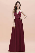 V-Ausschnitt Ärmelloses A-Linien-Abendkleid Pailletten Brautjungfernkleid