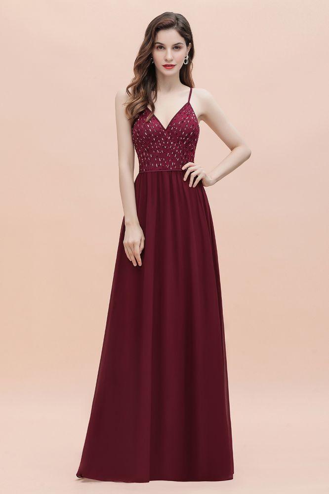 V-Ausschnitt Ärmelloses A-Linien-Abendkleid Pailletten Brautjungfernkleid