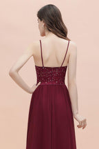 V-Ausschnitt Ärmelloses A-Linien-Abendkleid Pailletten Brautjungfernkleid
