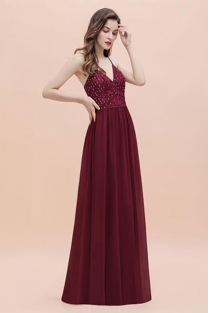 V-Ausschnitt Ärmelloses A-Linien-Abendkleid Pailletten Brautjungfernkleid