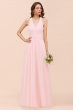 V-Neck Sleeveless Maxi Bridesmaid Dress Pink Chiffon Beach Wedding Dress