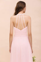 V-Neck Sleeveless Maxi Bridesmaid Dress Pink Chiffon Beach Wedding Dress