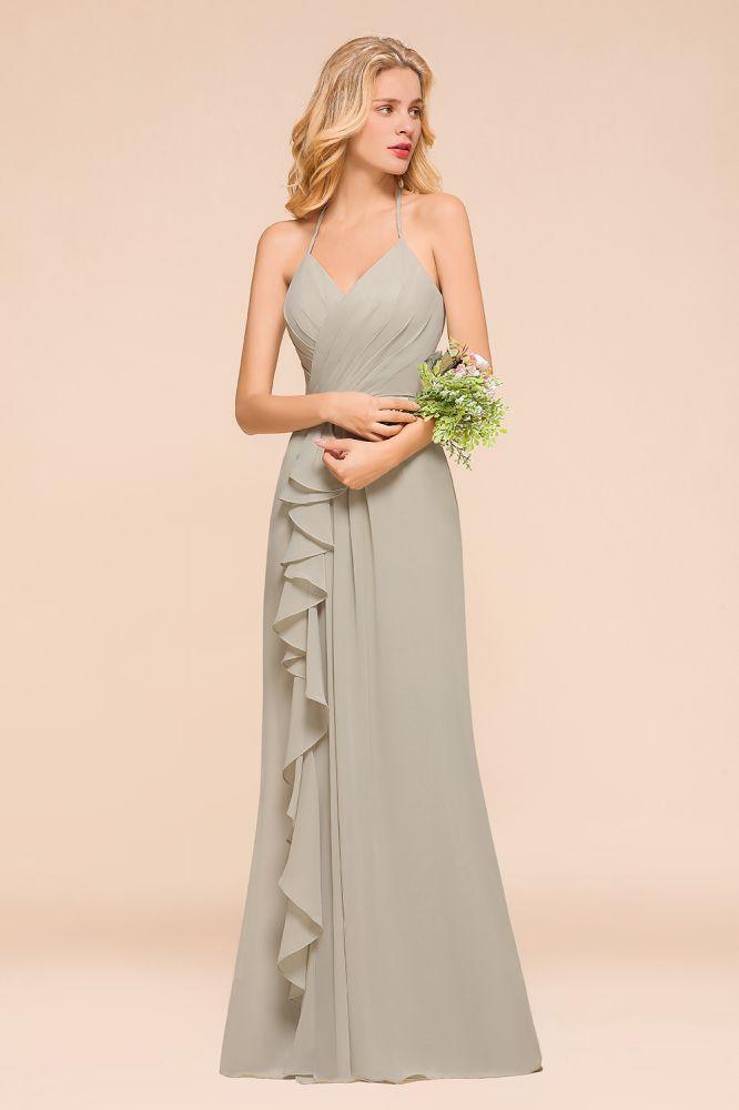 Vestido de dama de honor con escote en V, largo hasta el suelo y pliegues