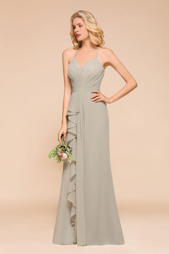 Vestido de dama de honor con escote en V, largo hasta el suelo y pliegues