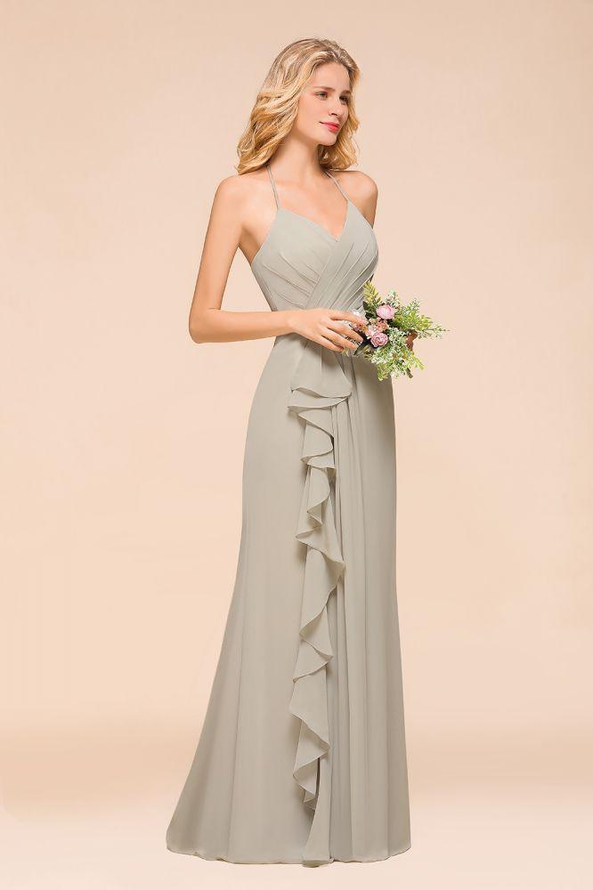 Vestido de dama de honor con escote en V, largo hasta el suelo y pliegues