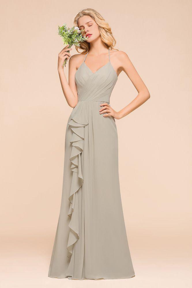 Vestido de dama de honor con escote en V, largo hasta el suelo y pliegues