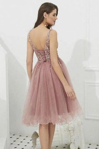 V-neck Tulle with Beaded Short Prom Dresses Homecoming Dresses