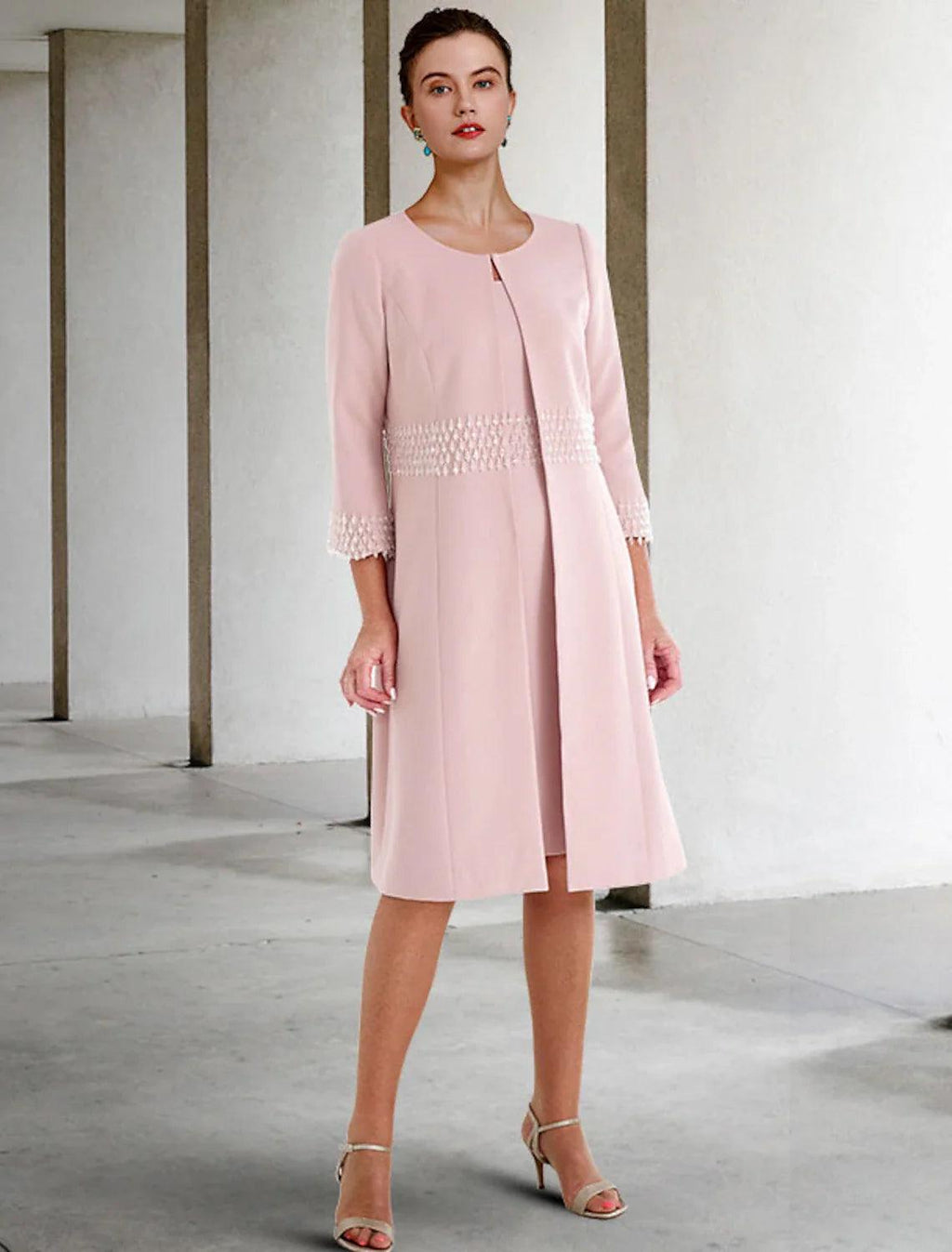 Vestido de dos piezas tipo tubo/columna para madre de la novia, para invitadas de boda, iglesia, elegante, cuello joya, largo hasta la rodilla, tejido elástico, manga corta, chaqueta, vestidos con cuentas, otoño