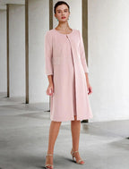 Vestido de dos piezas tipo tubo/columna para madre de la novia, para invitadas de boda, iglesia, elegante, cuello joya, largo hasta la rodilla, tejido elástico, manga corta, chaqueta, vestidos con cuentas, otoño