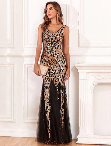 Meerjungfrau/Trompete Abendkleid, elegantes Kleid, Abendparty, Abschlussball, bodenlang, ärmellos, V-Ausschnitt, Brautjungfernkleid, Pailletten, V-Rücken mit Paillettenstickerei