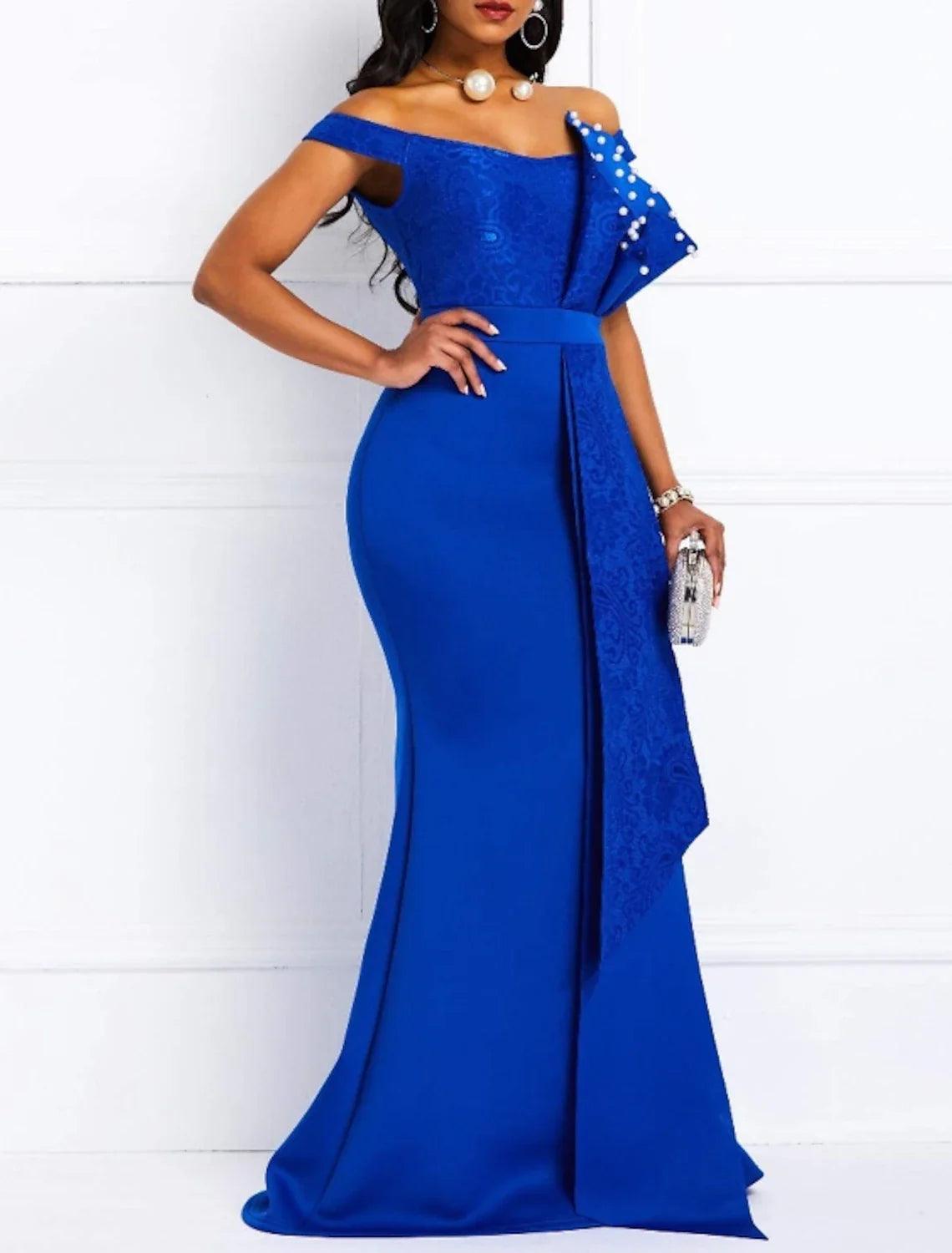 Meerjungfrau Partykleid Schöner Rücken Elegantes Verlobungs-Abendkleid Schulterfrei Kurzarm Sweep/Pinselschleppe Spitze mit Schärpe/Band Perlen