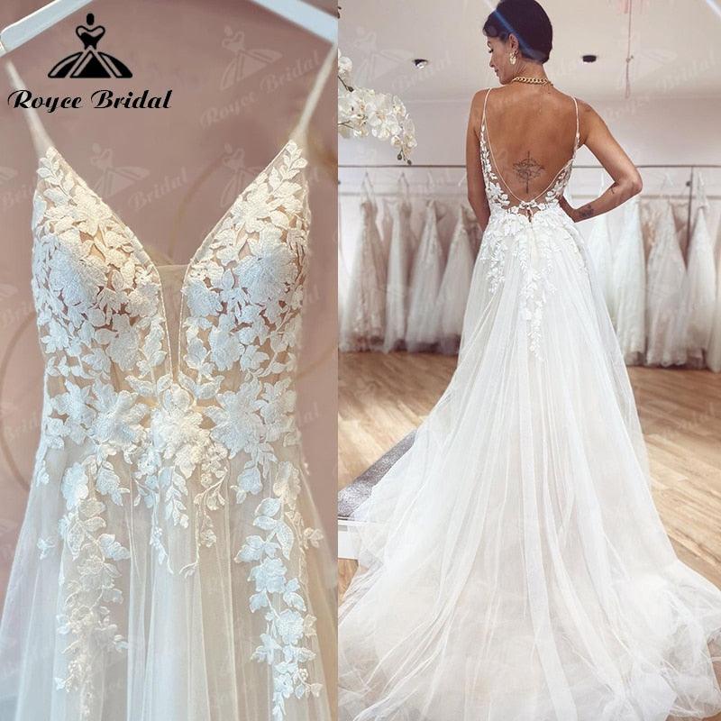 Vestido de novia bohemio vintage de hadas, vestido de novia con apliques de encaje y tirantes finos, cuello en V, vestidos de novia de tul, corte A