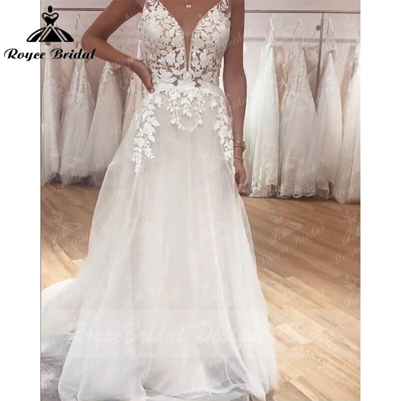 Vestido de novia bohemio vintage de hadas, vestido de novia con apliques de encaje y tirantes finos, cuello en V, vestidos de novia de tul, corte A
