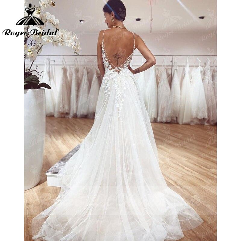 Vestido de novia bohemio vintage de hadas, vestido de novia con apliques de encaje y tirantes finos, cuello en V, vestidos de novia de tul, corte A