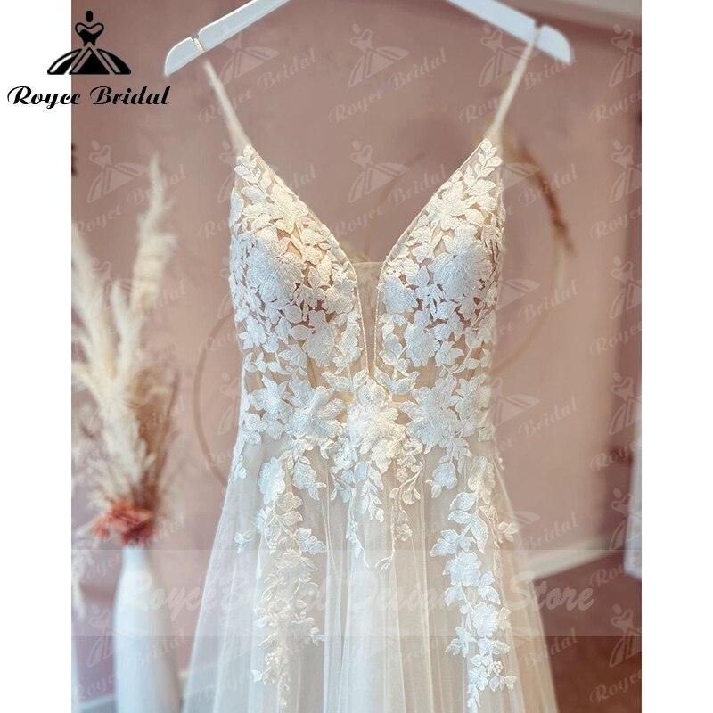 Vestido de novia bohemio vintage de hadas, vestido de novia con apliques de encaje y tirantes finos, cuello en V, vestidos de novia de tul, corte A