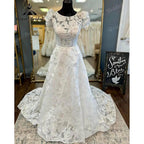 vestido novia Vestido de Novia con Manga Corta Abullonada, Encaje Floral, Cuello Redondo y Espalda Abierta, con Cola de Corte