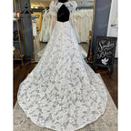 vestido novia Vestido de Novia con Manga Corta Abullonada, Encaje Floral, Cuello Redondo y Espalda Abierta, con Cola de Corte