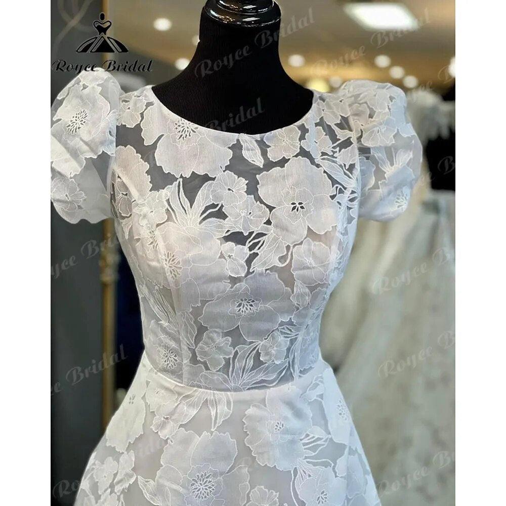 vestido novia Vestido de Novia con Manga Corta Abullonada, Encaje Floral, Cuello Redondo y Espalda Abierta, con Cola de Corte