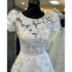vestido novia Vestido de Novia con Manga Corta Abullonada, Encaje Floral, Cuello Redondo y Espalda Abierta, con Cola de Corte