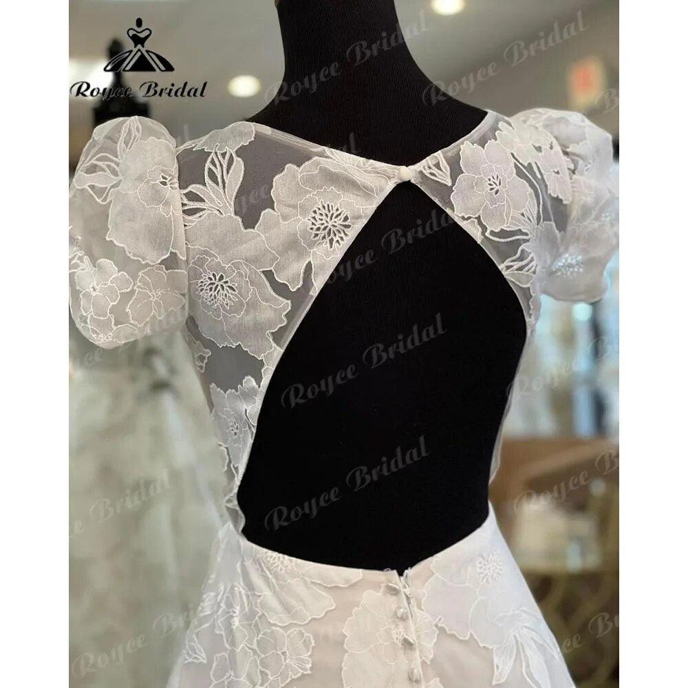 vestido novia Vestido de Novia con Manga Corta Abullonada, Encaje Floral, Cuello Redondo y Espalda Abierta, con Cola de Corte
