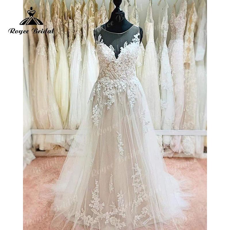 Vestido de novia bohemio NumberSea, sin espalda, con apliques de encaje, sin mangas, corte en A, hecho a medida, 2025 