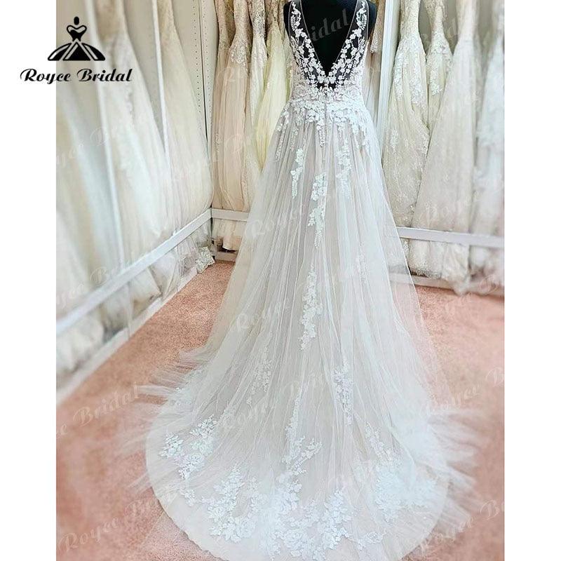 Vestido de novia bohemio NumberSea, sin espalda, con apliques de encaje, sin mangas, corte en A, hecho a medida, 2025 