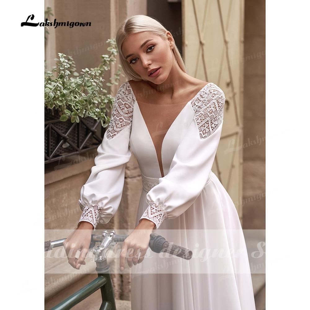 Vestidos de novia NumberSea sencillos estilo bohemio, de manga larga, con cuello en V, largos, de gasa, para playa, corte en A