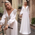 Vestidos de novia NumberSea sencillos estilo bohemio, de manga larga, con cuello en V, largos, de gasa, para playa, corte en A