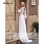 Vestidos de novia NumberSea sencillos estilo bohemio, de manga larga, con cuello en V, largos, de gasa, para playa, corte en A