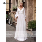 Vestidos de novia NumberSea sencillos estilo bohemio, de manga larga, con cuello en V, largos, de gasa, para playa, corte en A