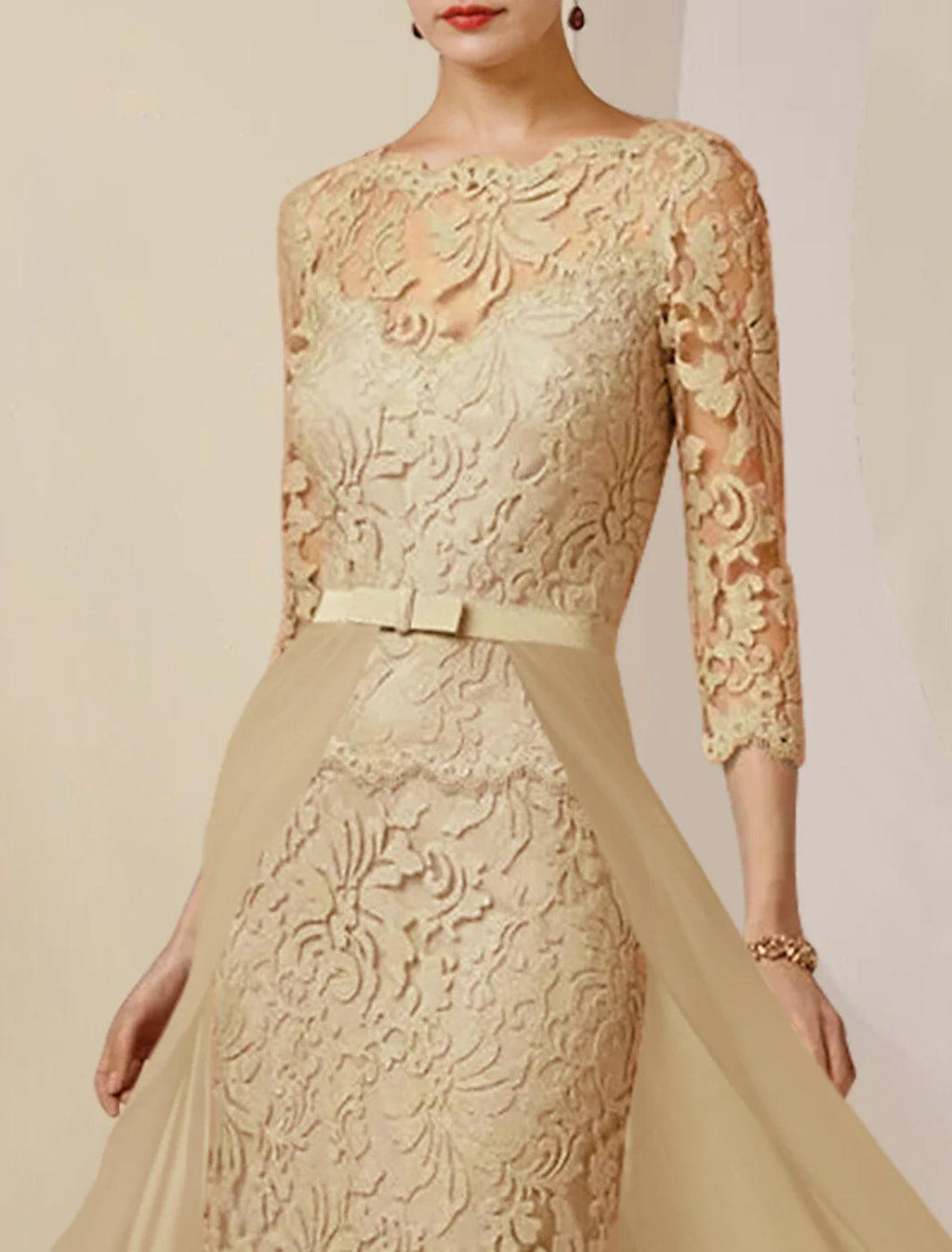 Sheath / Column Mother of the Bride Dress Formal Wedding Guest Party Elegant Scoop Neck Floor Length Chiffon Lace 3/4 Length Sleeve with Bow(s) Appliques