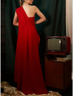 Sheath / Column Evening Gown Christmas Red Green Dress Elegant Dress Formal Sweep / Brush Train Sleeveless One Shoulder Stretch Chiffon with Pleats Ruched
