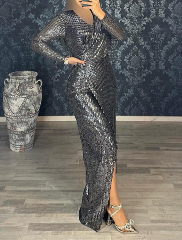 Meerjungfrau/Trompete Abendkleid Schwarzes Kleid Kleid Hochzeitsgast Herbst Bodenlang Langarm V-Ausschnitt Pailletten mit Pailletten