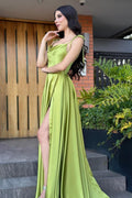 Vintage A-Line Satin Off-The-Shoulder Sleeveless Green Prom Dresses With Ruffles Split