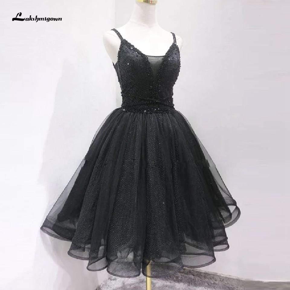 Vestido de novia vintage negro corto con cuentas y escote halter de NumberSea