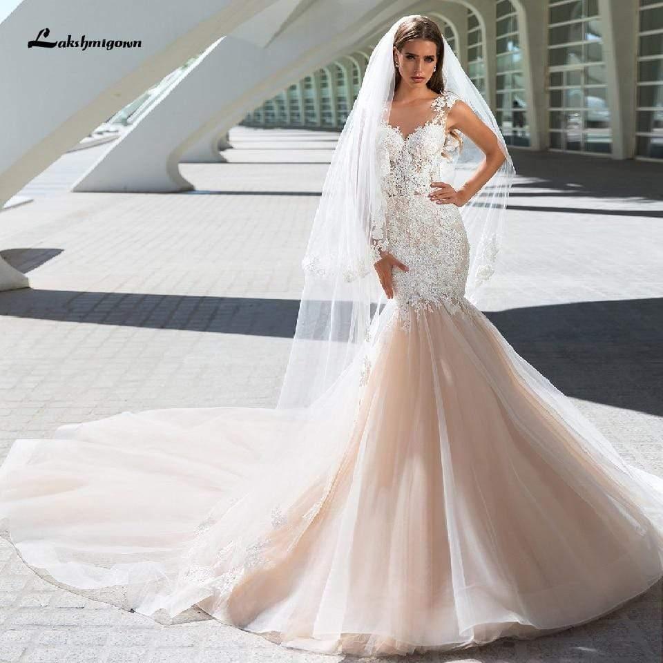 Vestido de novia vintage de champán NumberSea, estilo sirena, con apliques de encaje blanco