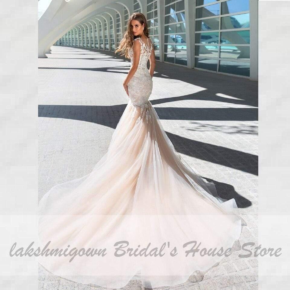 Vestido de novia vintage de champán NumberSea, estilo sirena, con apliques de encaje blanco