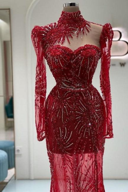 Rotes Ballkleid im Vintage-Stil mit säulenförmigem Tüll und herzförmigem Ausschnitt und langen Ärmeln