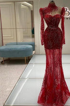 Rotes Ballkleid im Vintage-Stil mit säulenförmigem Tüll und herzförmigem Ausschnitt und langen Ärmeln