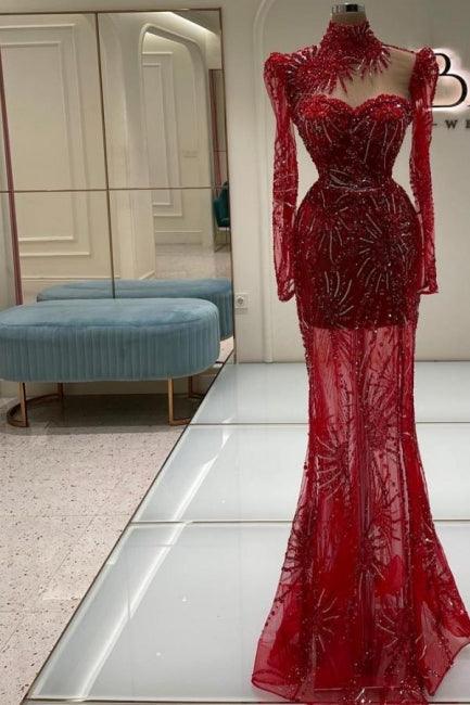 Rotes Ballkleid im Vintage-Stil mit säulenförmigem Tüll und herzförmigem Ausschnitt und langen Ärmeln