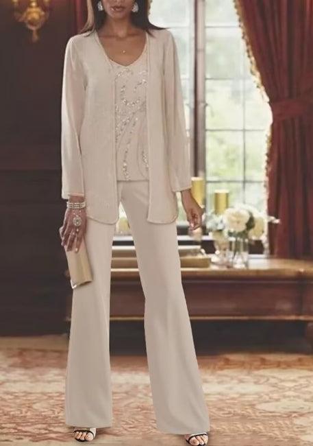 Vintage jewel long sleeves two pieces chiffon mother dress sequined