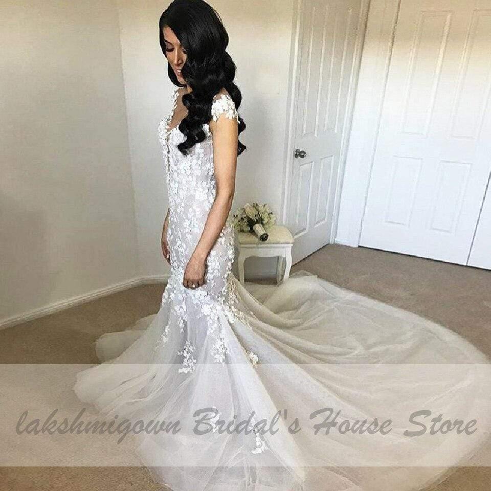 Vestido de novia de sirena con encaje vintage de NumberSea, elegante vestido de novia con cola larga