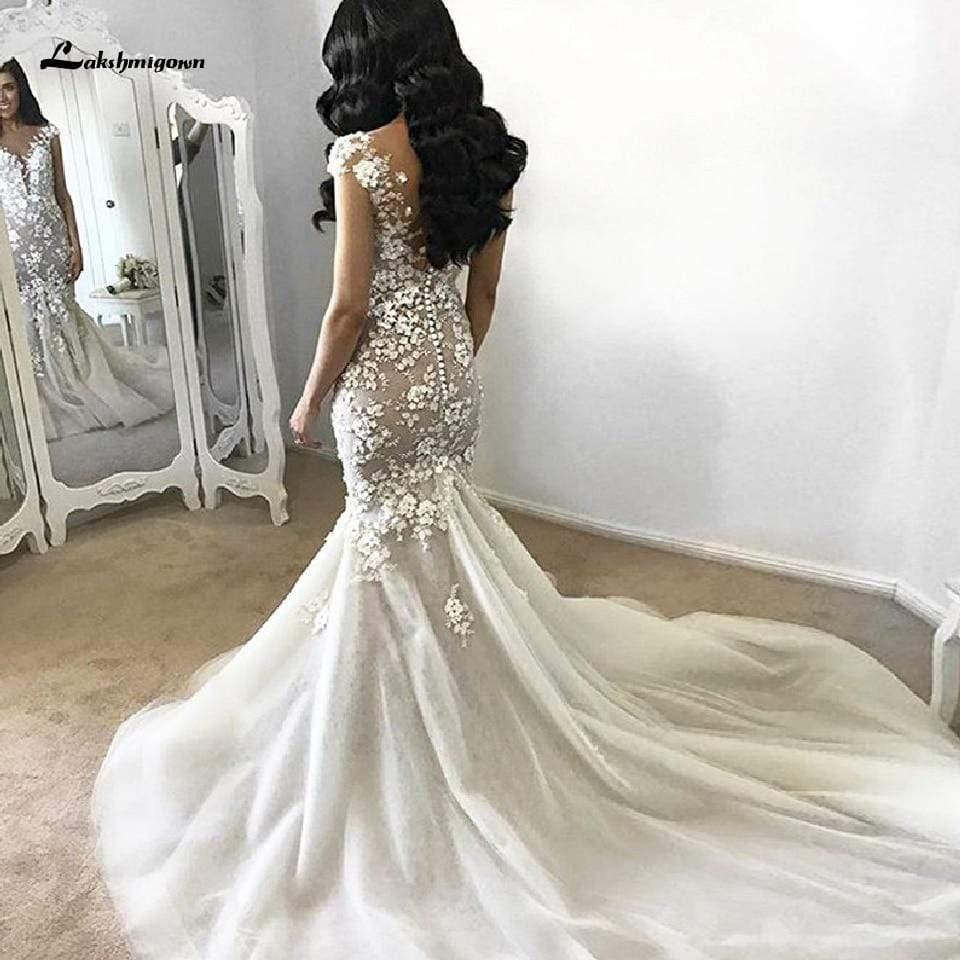 Vestido de novia de sirena con encaje vintage de NumberSea, elegante vestido de novia con cola larga