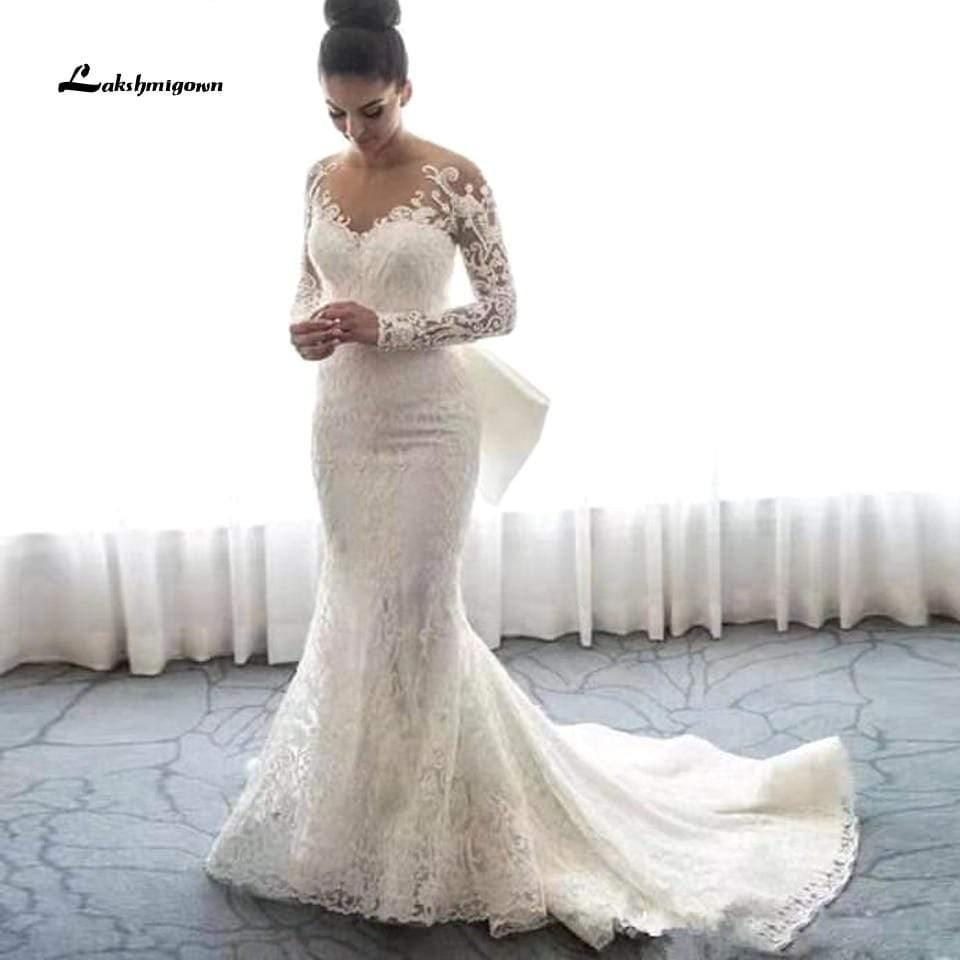Vestido de novia sexy de sirena con mangas largas y encaje vintage de NumberSea