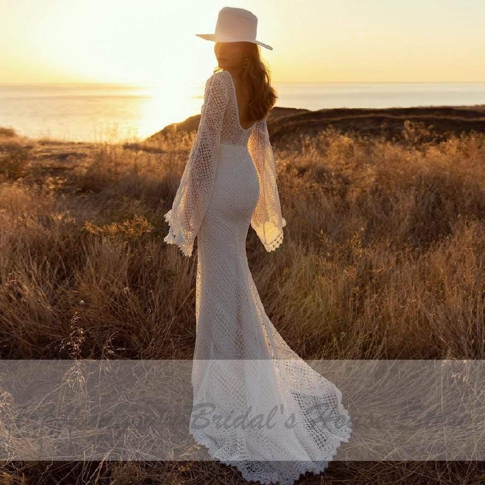 Vestido de novia estilo sirena bohemio con mangas abullonadas y encaje vintage de NumberSea para mujer