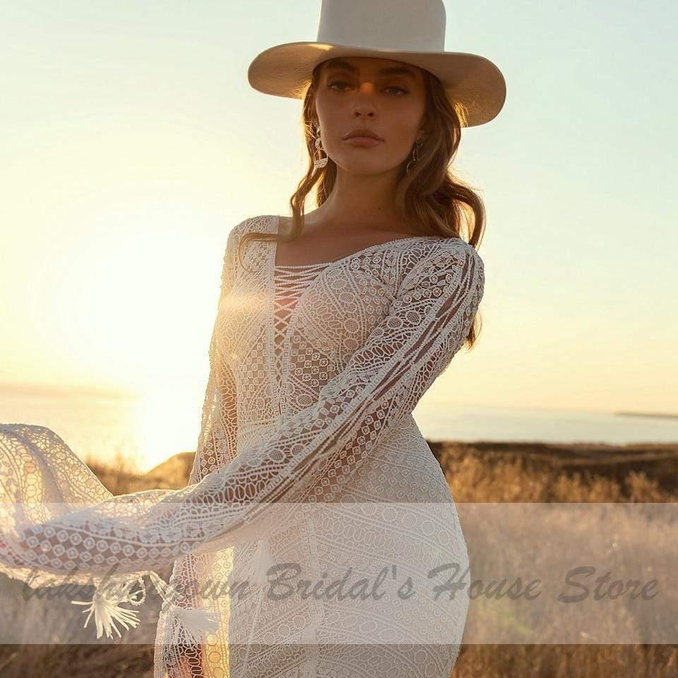 Vestido de novia estilo sirena bohemio con mangas abullonadas y encaje vintage de NumberSea para mujer