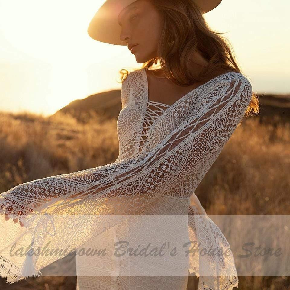 Vestido de novia estilo sirena bohemio con mangas abullonadas y encaje vintage de NumberSea para mujer